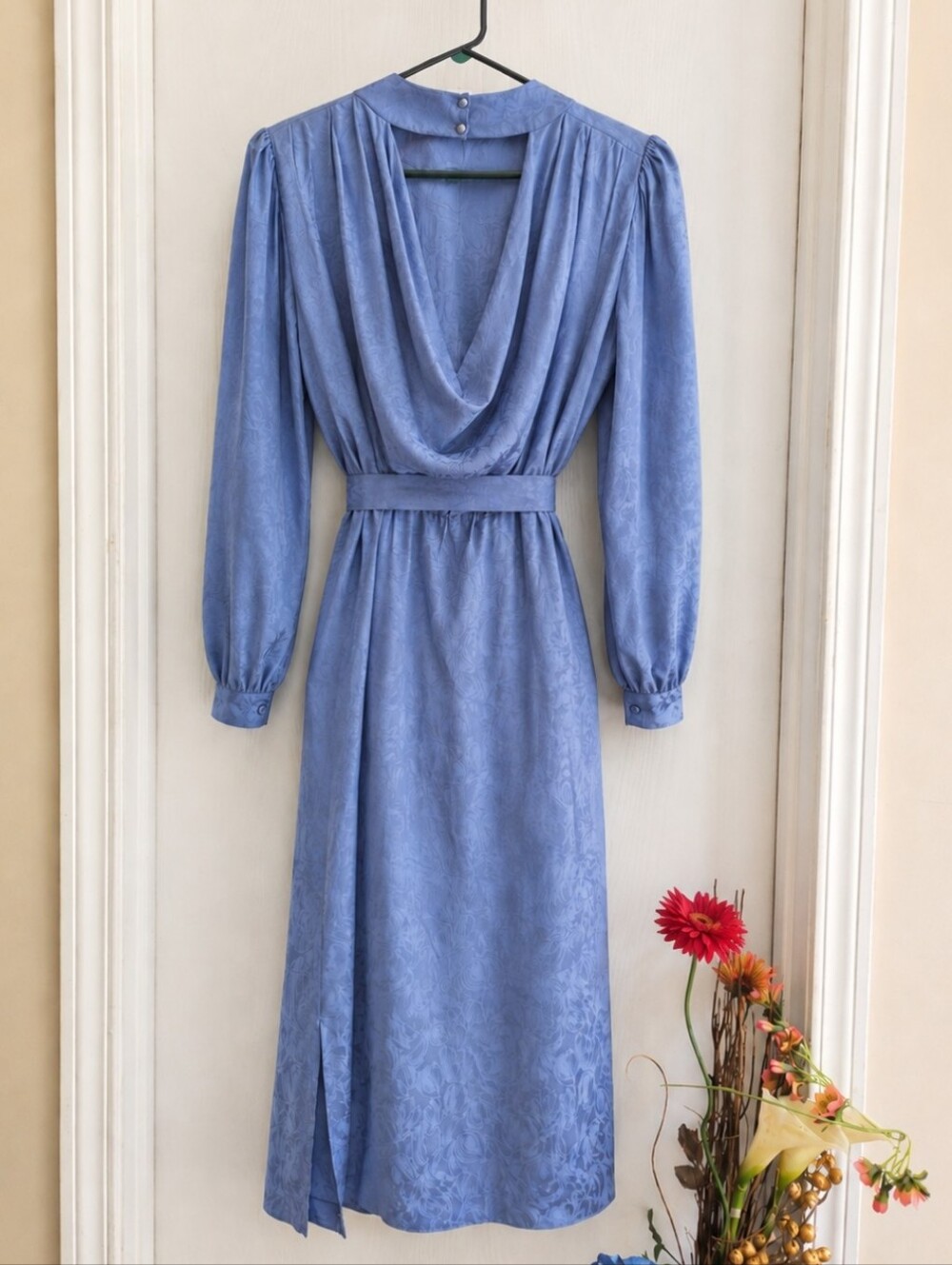 Vintage Periwinkle Blue 90's Silk Belted Dress with Cuffed Sleeves & Side Slit - Picture 7 of 12
